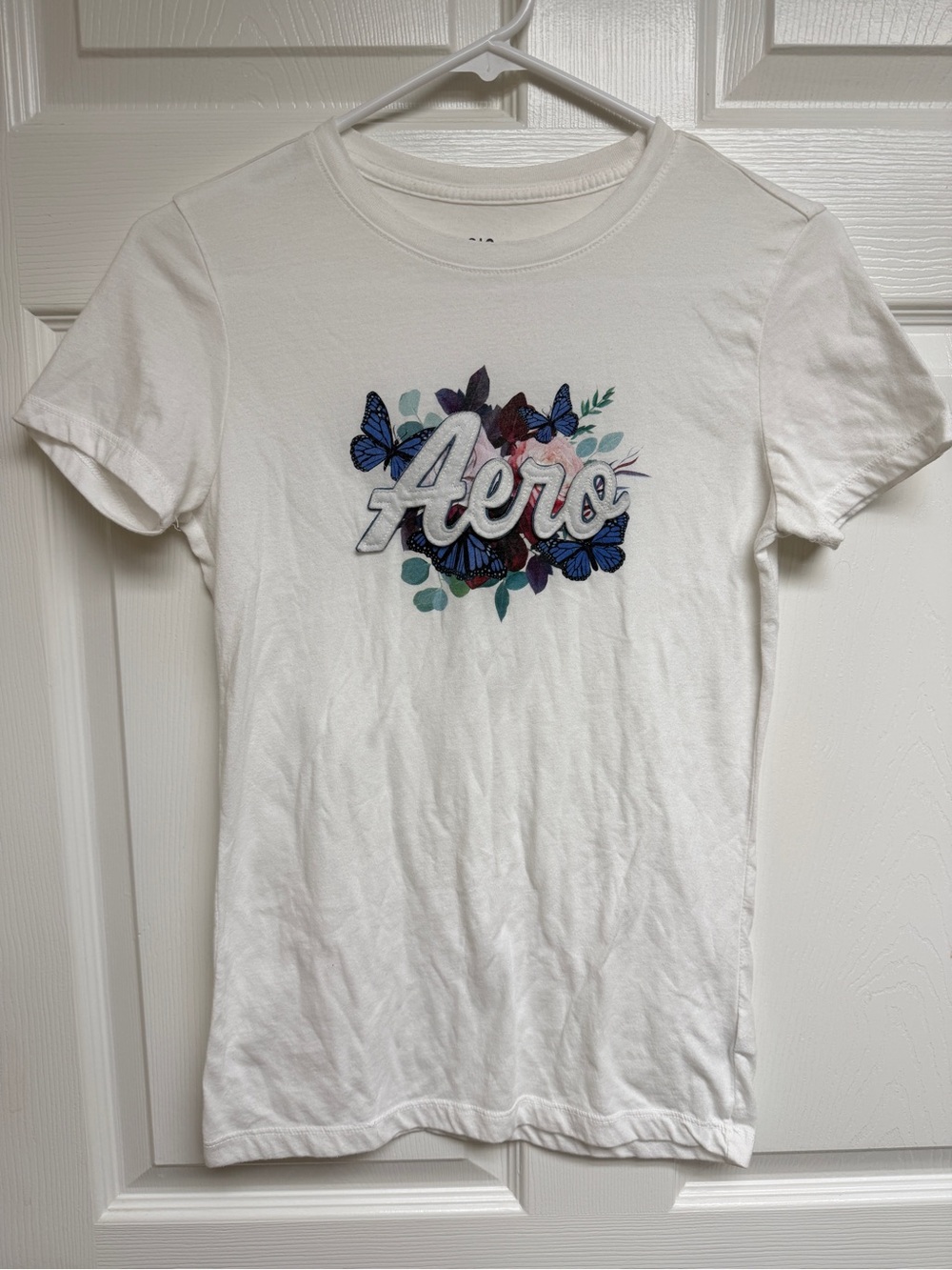 Aeropostale White Tee with Blue & Purple Butterfly Aero Logo - NWOT